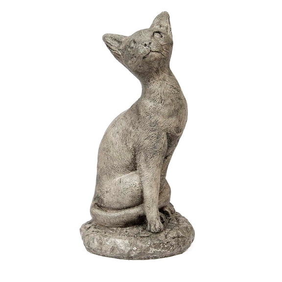 Solid Rock Stoneworks Cat Looking Up Stone Statue 14in Tall Pre Aged Color