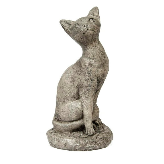 Solid Rock Stoneworks Cat Looking Up Stone Statue 14in Tall Pre Aged Color