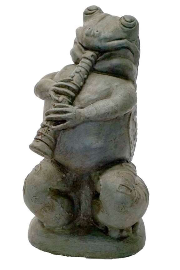 Solid Rock Stoneworks Frog with Flute Concrete Statue, 13" Tall, Cypress Color