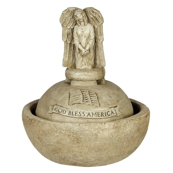 Solid Rock Stoneworks Kneeling Winged Angel God Bless America Bowl Fountain - 23" Tall - Buff
