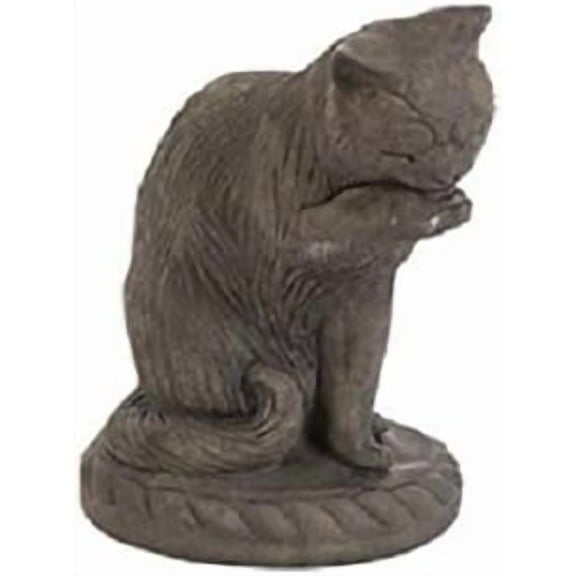 Solid Rock Stoneworks Large Cat Licking Paw Stone Statue 16" Tall Dark Graphite Color