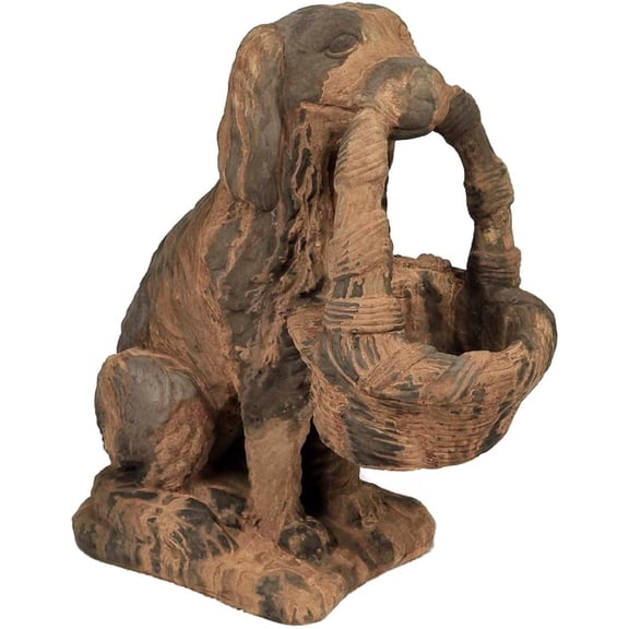 Solid Rock Stoneworks Large Dog with Basket Concrete Statue, 24" Tall, Rust Color