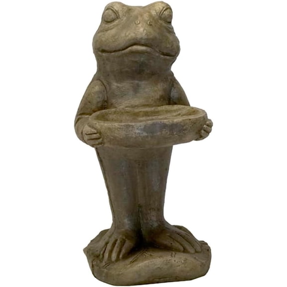 Solid Rock Stoneworks Large Frog with Dish Concrete Statue, 22" Tall, Aged Pine Color