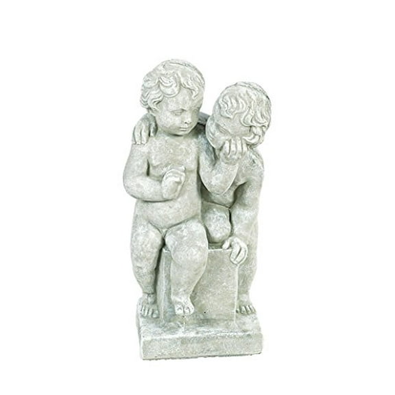 Solid Rock Stoneworks Twin Cherubs Stone Statue 20in Tall Marble Tone Color