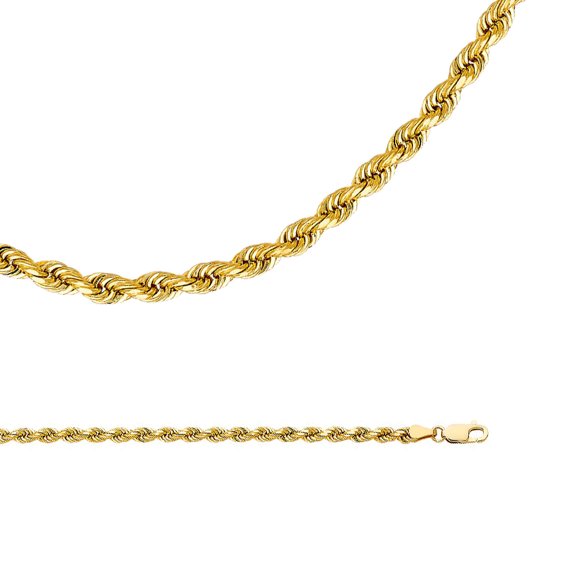 Solid Rope Necklace 14k Yellow Gold Chain Twisted Mens Diamond Cut Polished Big Heavy, 4 mm - 20,22,24,26 inch