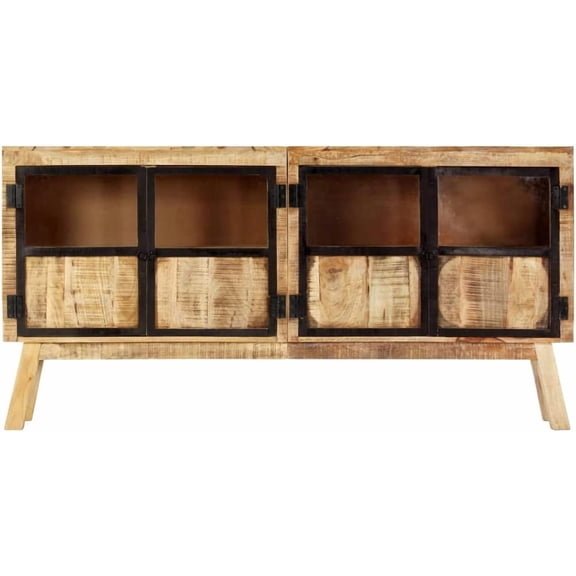 Solid Rough Mango Wood Sideboard with 2 Doors, Brown and Black, 63 x 11.8 x 31.5 Inches, Industrial Style Storage Cabinet