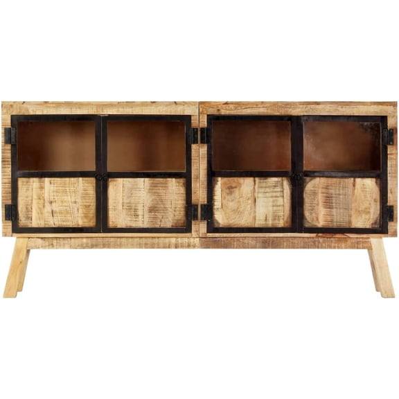 Solid Rough Mango Wood Sideboard with 2 Doors, Brown and Black, 63 x 11.8 x 31.5 Inches, Industrial Style Storage Cabinet