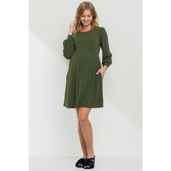 Solid Round Neck Maternity Skater Dress with Pockets