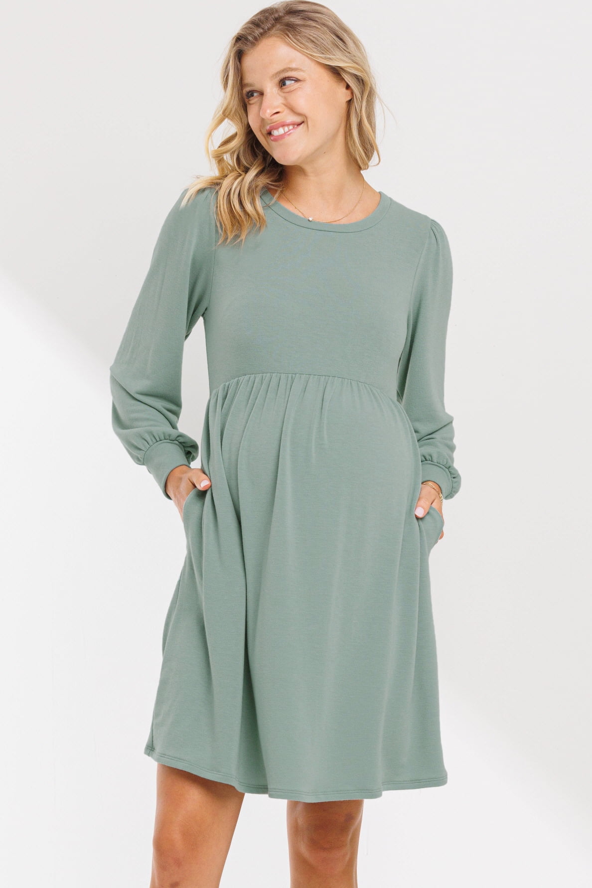 skater dress maternity Hello MIZ Womens Solid Round Neck Maternity Skater Dress with Pockets - Sage