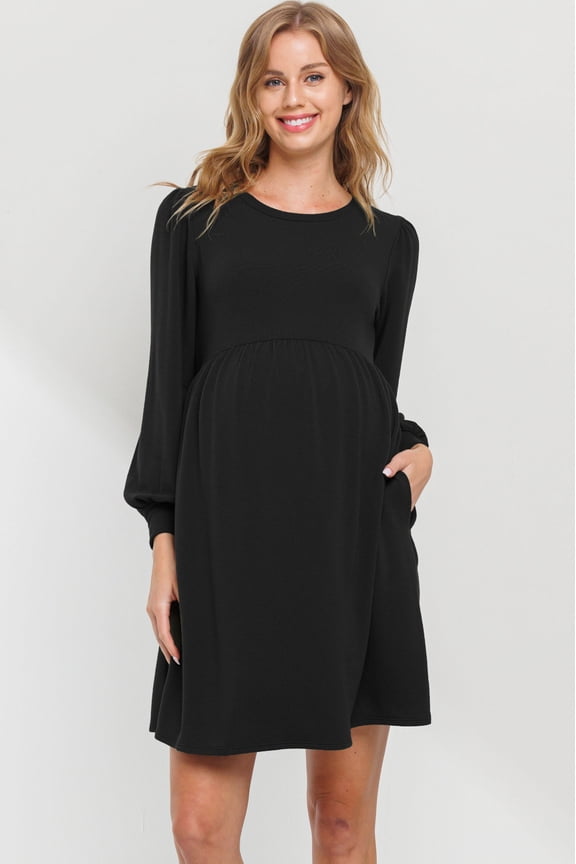 Solid Round Neck Maternity Skater Dress with Pockets