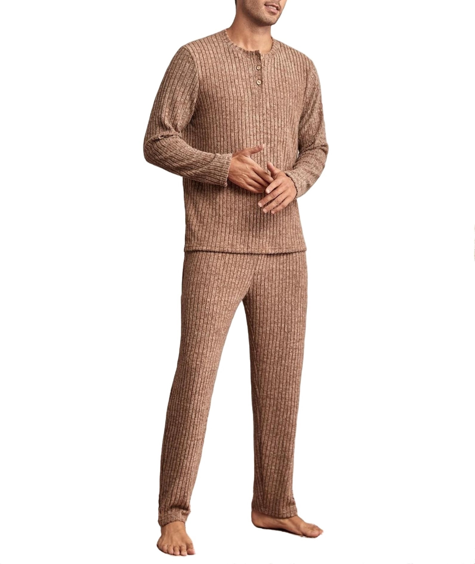 Solid Round Neck Pajama Sets Long Sleeve Khaki Men Loungewear Sets (Men's)