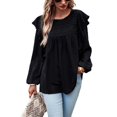 thumbnail image 1 of Solid Round Neck Ruffle Shoulder Crochet Detail Blouse for Women Black X-Large, 1 of 5