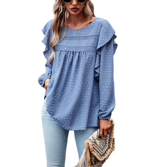 Solid Round Neck Ruffle Shoulder Crochet Detail Blouse for Women Blue Large