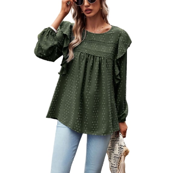Solid Round Neck Ruffle Shoulder Crochet Detail Blouse for Women Olive Green X-Large
