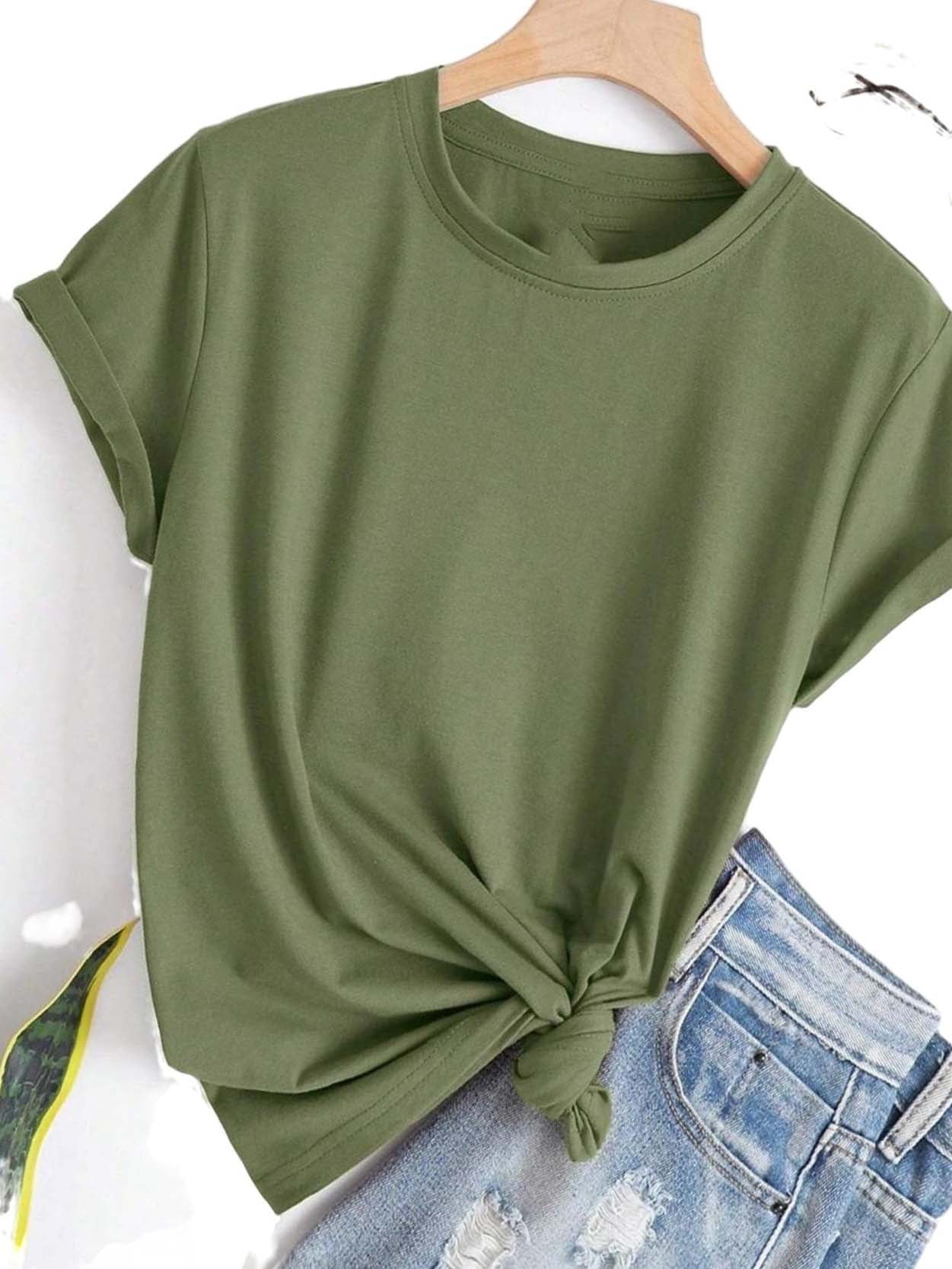 Solid Round Neck Tee Short Sleeve Army Green Plus Size Tshirts (Women