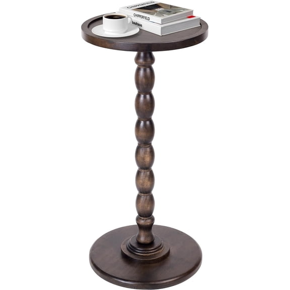 Solid Round Pedestal Side Table with Tray-Top Rim - Bobbin Turned Accent End Table for Living Room, Bedroom - Compact Small Round Drink Table with Base, Nightstand with Table Solid