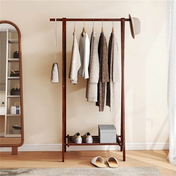 Solid Rubber Wood A-Frame Folding Coat Rack, Freestanding Garment Rack with Bottom Storage Shelf