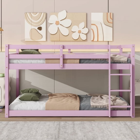 Solid Rubber Wood Twin over Twin Floor Bunk Bed in Pink, Upper and Bottom Beds with 13 Pcs Slats, Safe and Durable