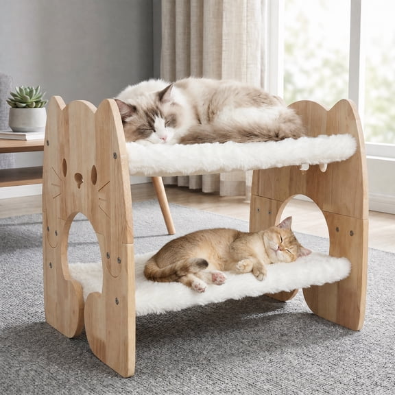 Solid Rubberwood 2-Tier Cat Bed - Extra Large Sturdy Cat Furniture for Multi-Cat Households, Cute Cat Face Side Panels, Machine Washable & Removable Plush Cushions