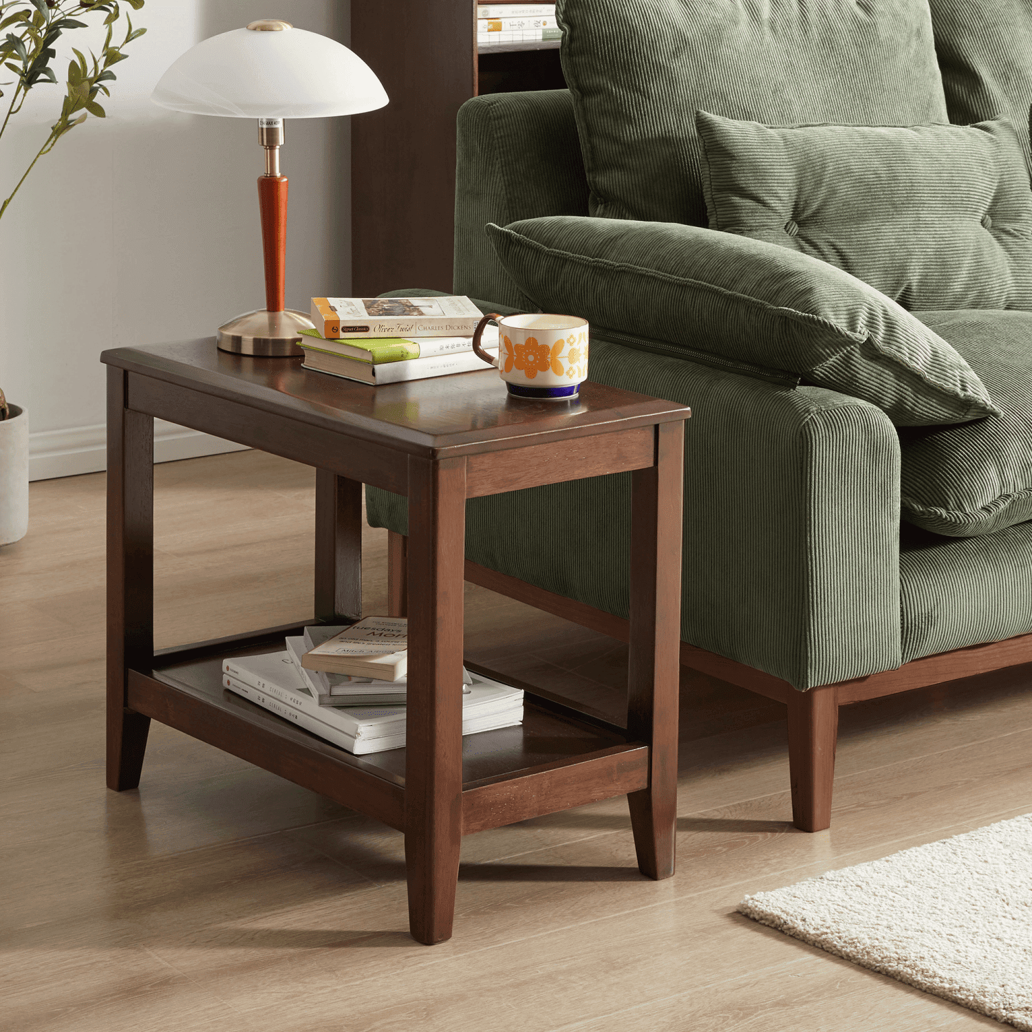 Solid Rubberwood 2-Tier Rustic End Table with Storage Shelf, Multipurpose Sofa Side Table & Indoor Plant Stand for Living Room Home Office