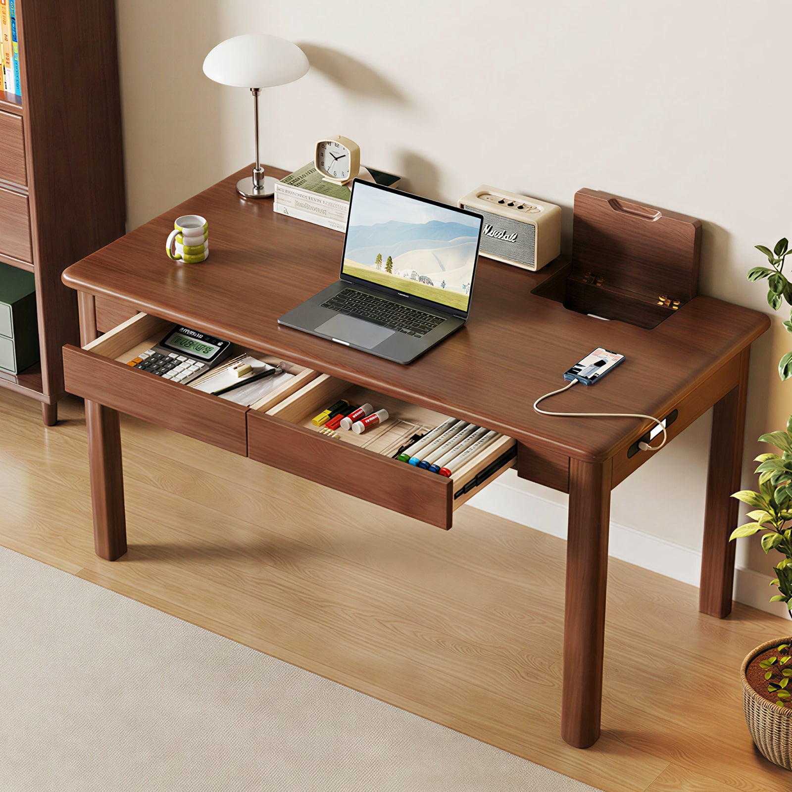 Solid Rubberwood Desk with 2 Drawers & USB Ports, Modern Home Office ...