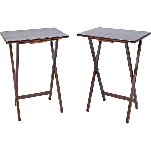Solid Rubberwood Folding Table Set (2-Piece), Walnut Finish, Portable and Foldable, No Assembly Required, Ideal for Use in the Dining Room, Next to the Sofa, or by the Bed