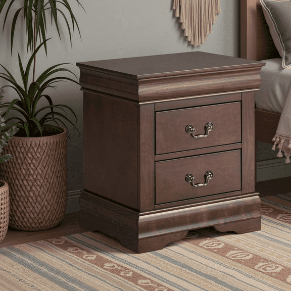 Solid Rubberwood Nightstand, No Assembly Required End Table with 2 Drawers & Metal Handles, Vintage Accent Table for Bedroom, Living Room, Cherry