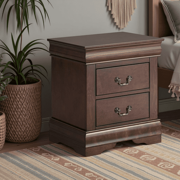 Solid Rubberwood Nightstand Set of 2, No Assembly Required End Tables with 2 Drawers & Metal Handles, Vintage Accent Tables for Bedroom, Living Room, Cherry