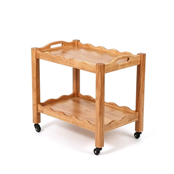 Solid Rubberwood Rolling Side Table, 2-Tier Bar Cart, Lockable Wheels Nightstand, Removable End Table, 23.6 x 15.7 x 21.6 Inch