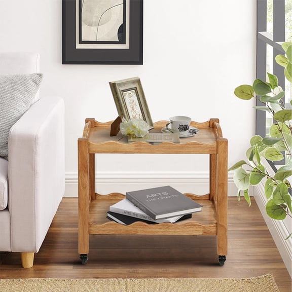 Solid Rubberwood Rolling Side Table, 2-Tier with Lockable Wheels & Removable Tray, Sturdy Durable for Bar Cart, Nightstand, End Table, Sofa Table