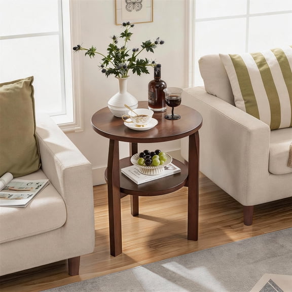Solid Rubberwood Round End Table with 2-Tier Storage Shelf, Small Accent Side Table and Nightstand for Living Room and Bedroom, Walnut
