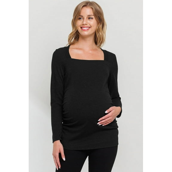 Solid Ruched Long Sleeve Square Neck Maternity Top