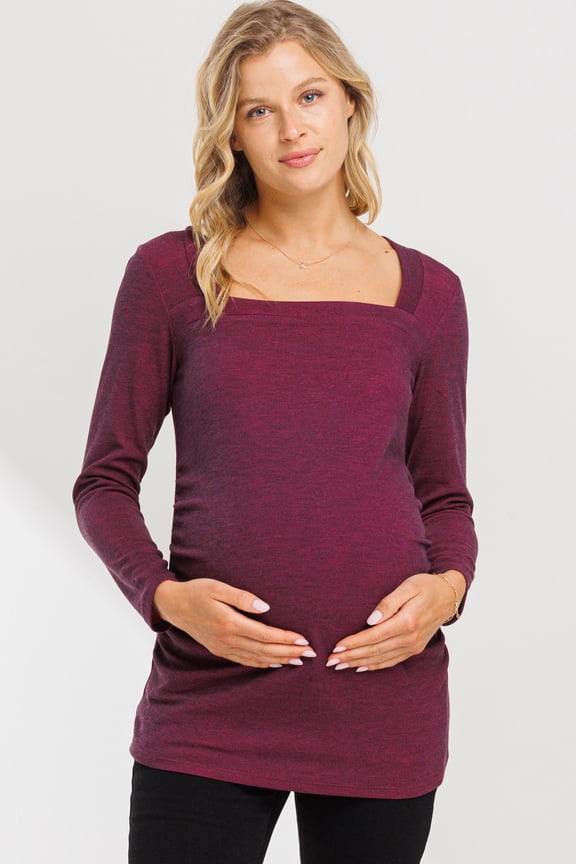 Solid Ruched Long Sleeve Square Neck Maternity Top