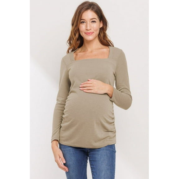 Solid Ruched Long Sleeve Square Neck Maternity Top