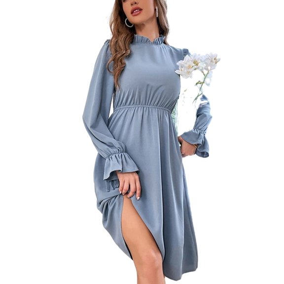 Solid Ruffle Detail High Neck Dress for Women Below Knee Length