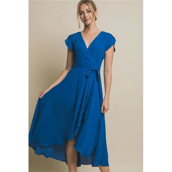 Solid Ruffle High Low Maxi Dress (Cobalt, L)