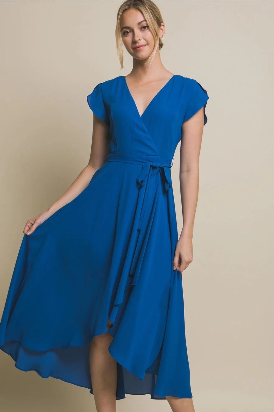 Solid Ruffle High Low Maxi Dress (Cobalt, S)