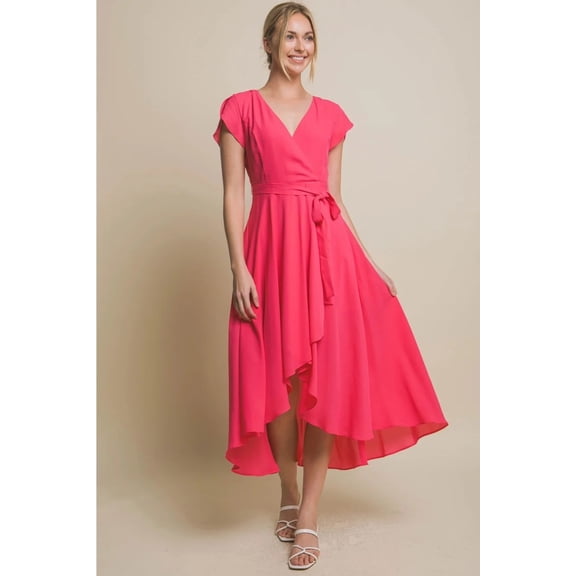 42POPS Solid Ruffle High Low Maxi Dress, Women's L