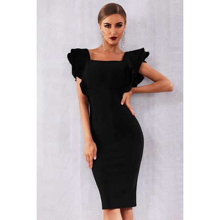 Solid Ruffle Shoulder Dress