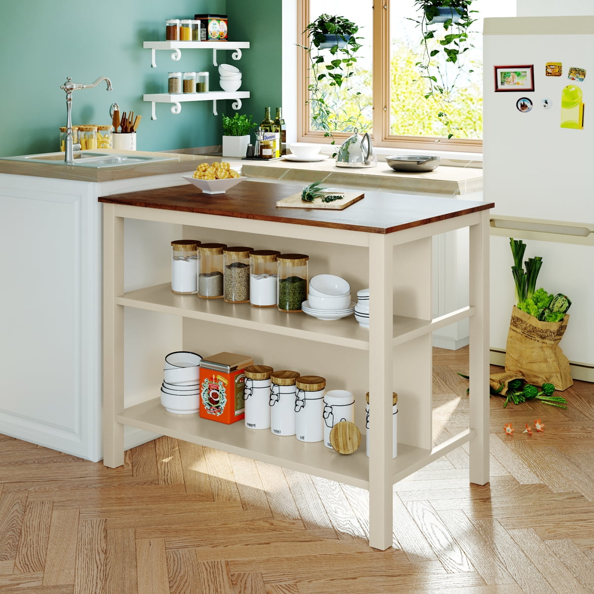 Solid Rustic 45-inch Fixed Kitchen Island with 2 Open Shelves, Kitchen ...