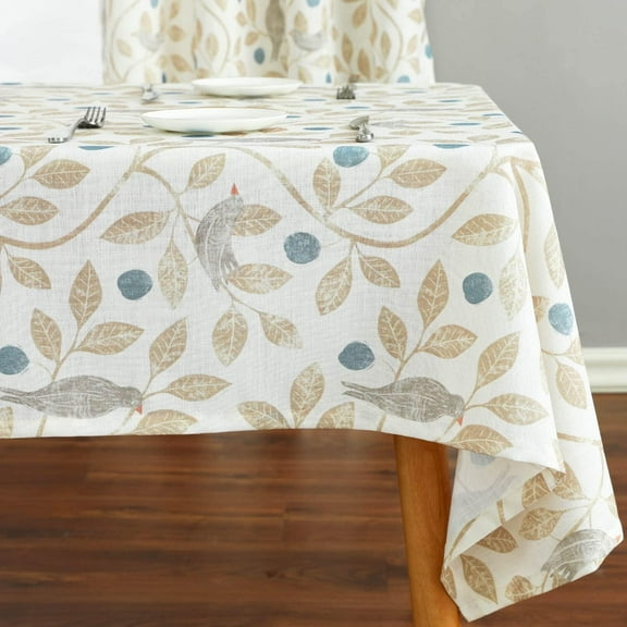 Solid Rustic Table Cloth, Washable Faux Linen Country Birds Pattern Tablecloth, Rectangle Table Cover for Kitchen Dining Desk Decoration, 60 x 84 Inches, Beige