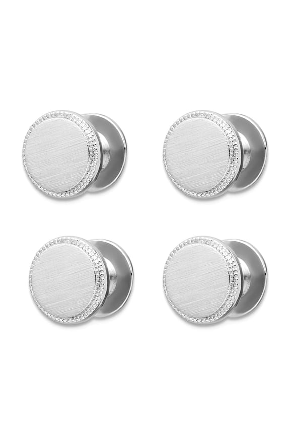 Solid Satin Rhodium Plated Four Piece Florentined Beaded Tuxedo Studs 10x10mm Wide Stud Earring for Women