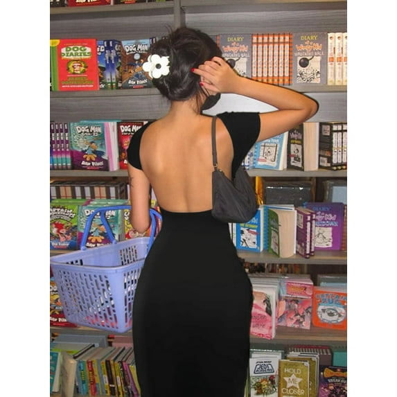 Solid Sexy Backless Maxi Dress Women Elegant Elastic Slim Short Sleeve Long dresses Female Bodycon Streetwear Clothing