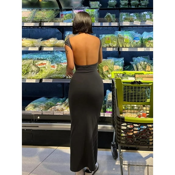 Solid Sexy Backless Maxi Dress Women Elegant Elastic Slim Short Sleeve Long dresses Female Bodycon Streetwear Clothing