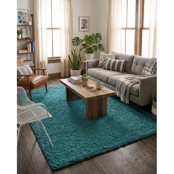 Solid Shag Collection Rug 5'3" x 8' Deep Aqua Blue Stain Resistant, Plush Pile for Bedrooms & Playrooms
