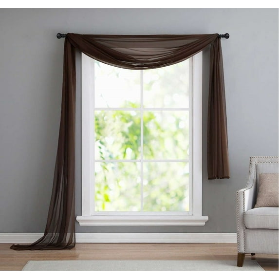 Decotex Modern Chocolate Solid Print Rod Pocket Sheer Kitchen Valances, 37” x 216”
