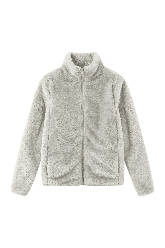 Solid Sherpa Fleece Jacket Women Zip Up High Neck without Hood Warm Bed Jackets Long Sleeve Cozy Fluffy Fuzzy Sweater Coats