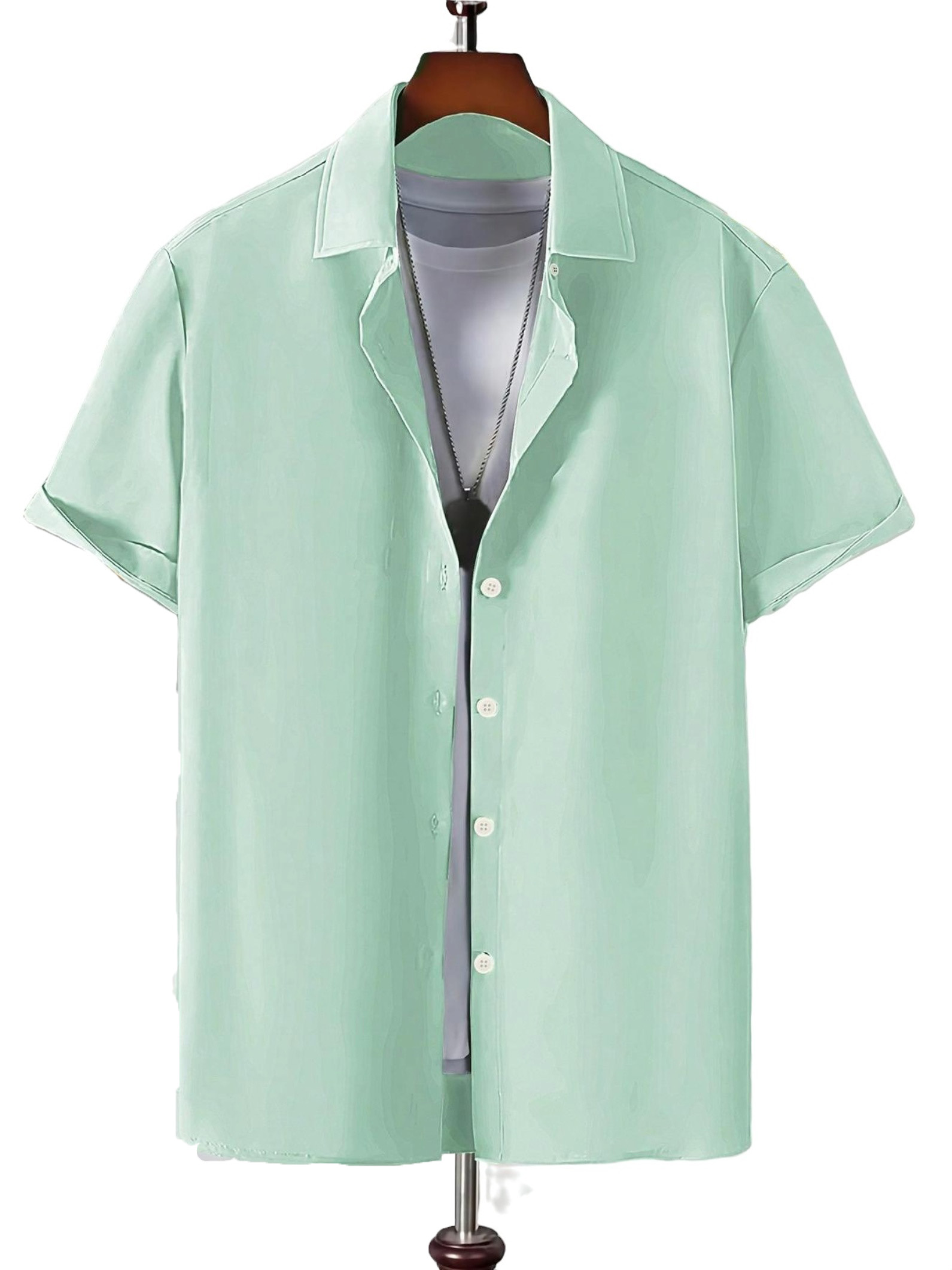 Solid Shirt Short Sleeve Mint Green Men Shirts (Men's)