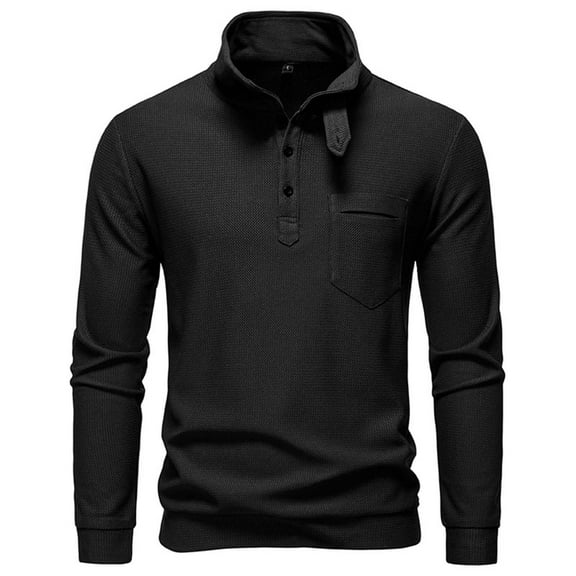 Solid Shirt for Men Long Sleeve Stand Collar Button Pullover Top with Pockets Black L