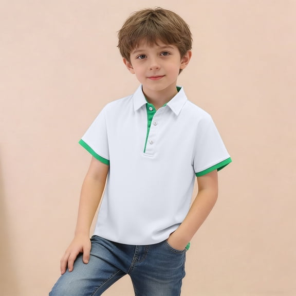 Solid Short Sleeve Polo Shirt for Boys Collared School Uniform Top Summer Classroom Golf Casual Weekend Everyday Outfit Photo Day Wear Travel Look